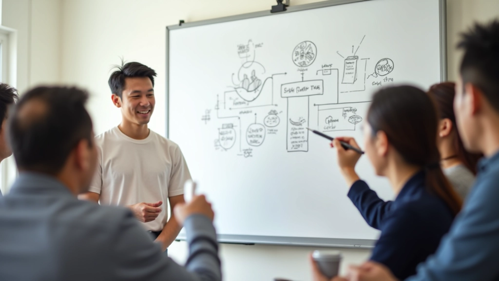 Creative brainstorming session with team members and visual thinking tools on whiteboard