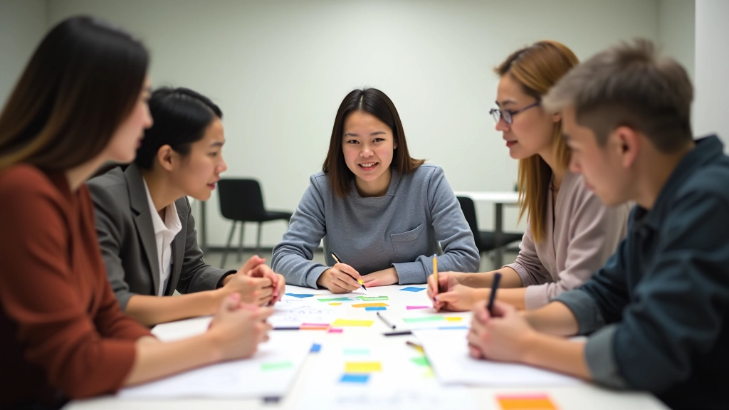 Creative thinking workshop with participants brainstorming, colorful ideas and collaborative energy