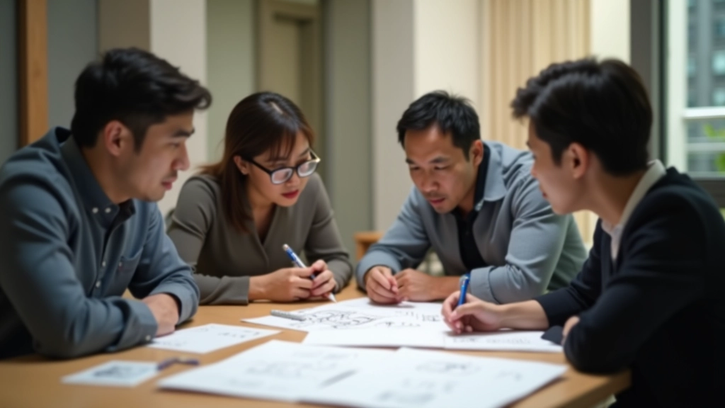 Diverse team of professionals engaged in collaborative problem-solving session with visual thinking tools