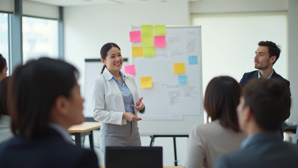 Facilitator guiding group through creative ideation exercise with colorful sticky notes and whiteboard