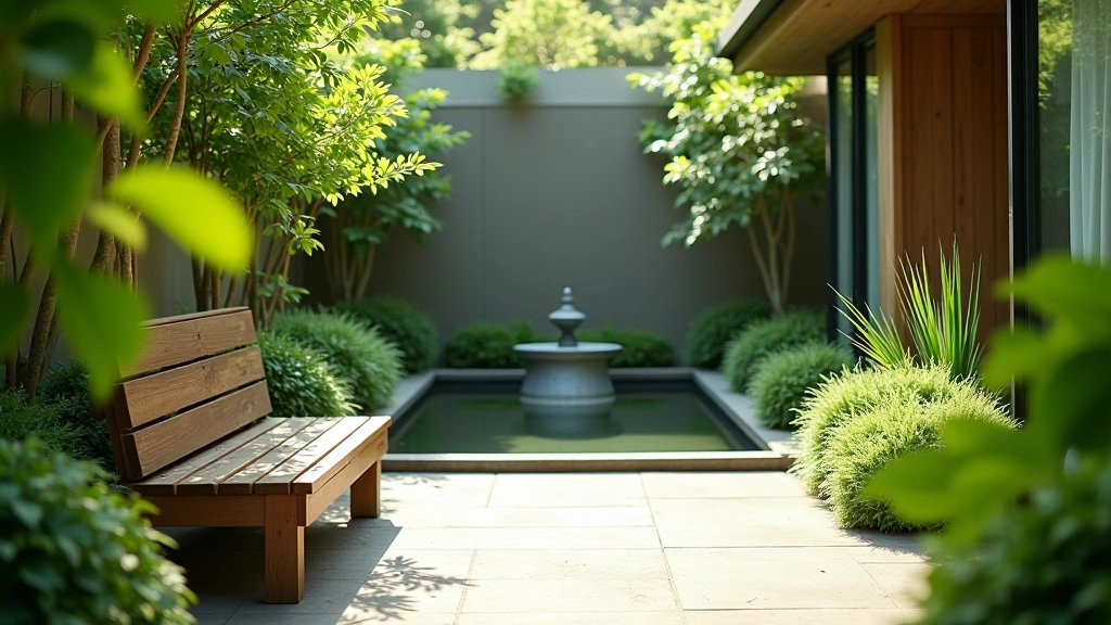 Peaceful garden courtyard at retreat center with meditation corner and natural elements for quiet reflection