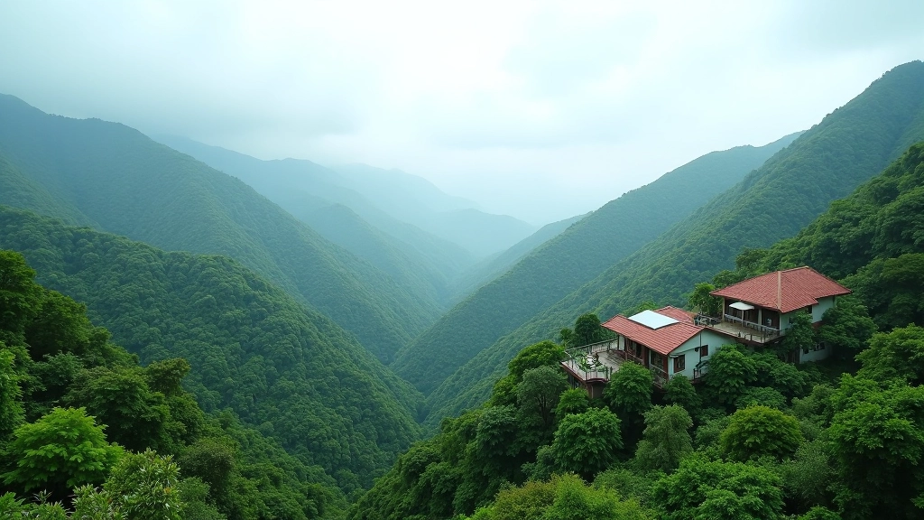 Lantau Island landscape with retreat venue nestled in nature, scenic mountain views, peaceful environment
