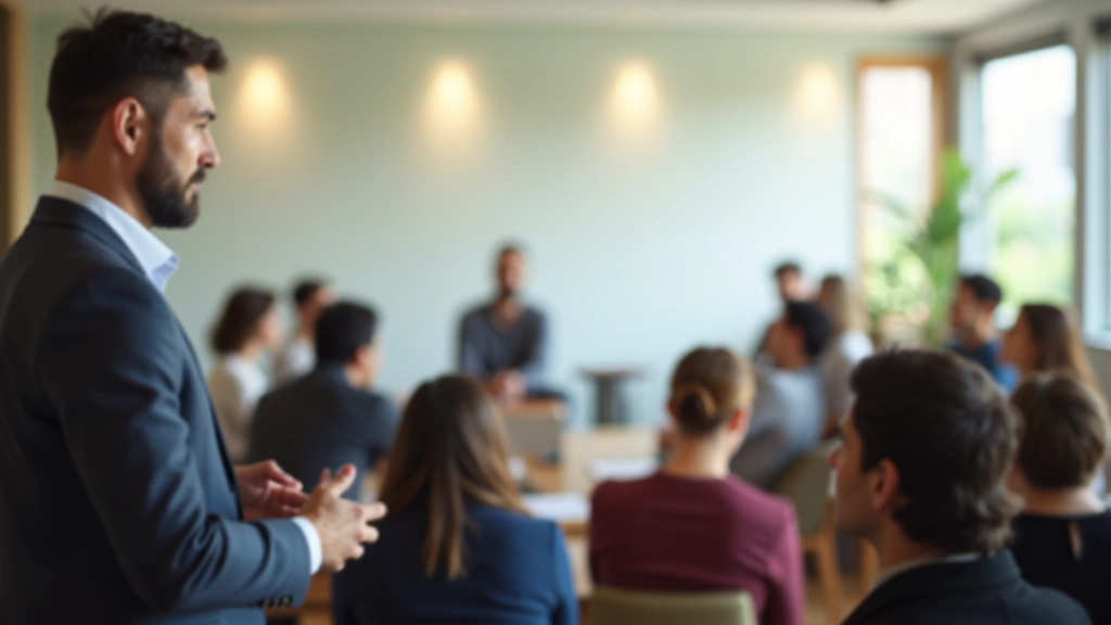 Facilitator leading a group workshop session, diverse participants engaged in discussion, bright retreat room with natural light, professional workshop setting