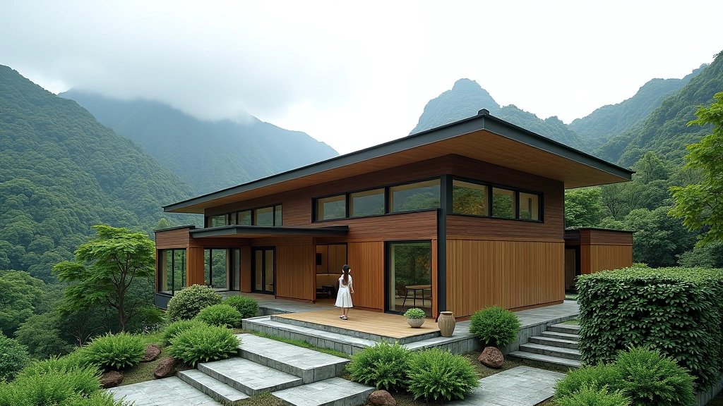 Modern retreat center building with traditional architectural elements, wooden architecture, surrounded by lush green trees and mountains in background