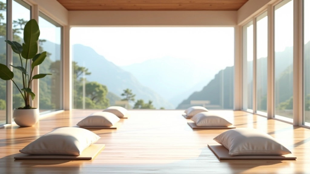 Serene meditation hall with natural light, cushioned seating, and mountain views at Lantau retreat center