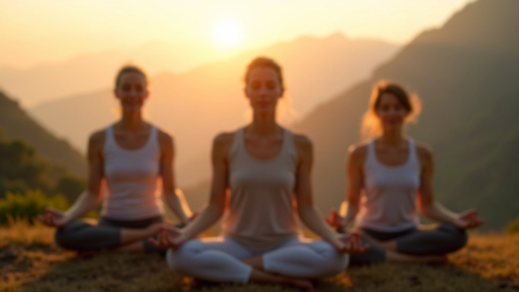 Meditation session at Lantau Island retreat center with serene mountain backdrop and participants in peaceful poses