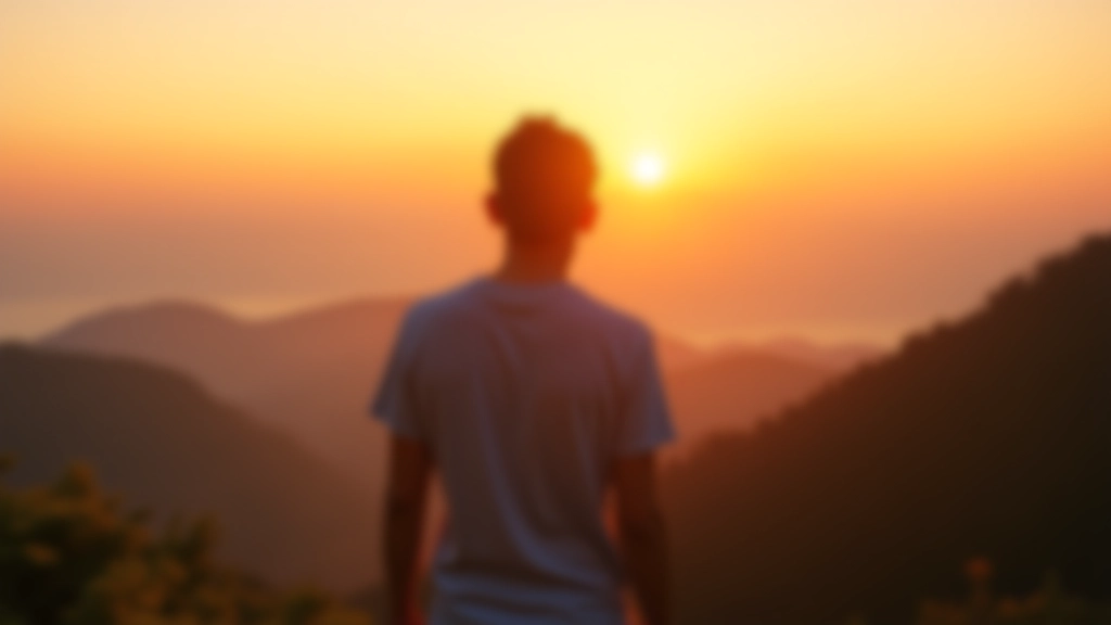 Person looking at sunset from hillside with arms open, moment of peace and strength, resilience achievement