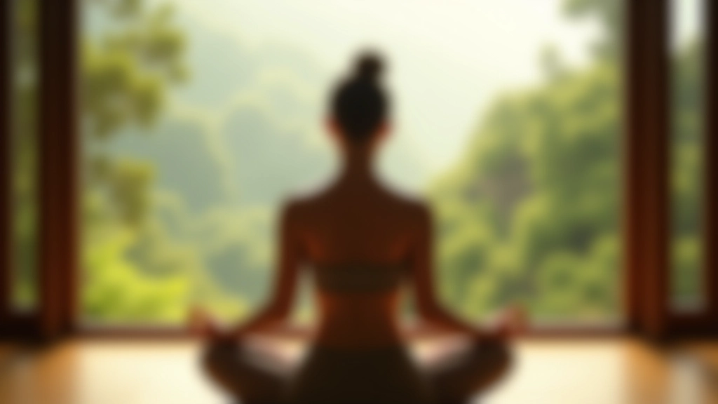 Person meditating in peaceful retreat setting with natural light and calm environment