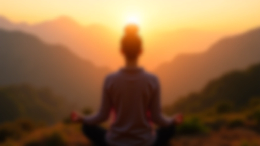Person meditating outdoors during sunrise with mountains in background, peaceful moment, resilience and strength building