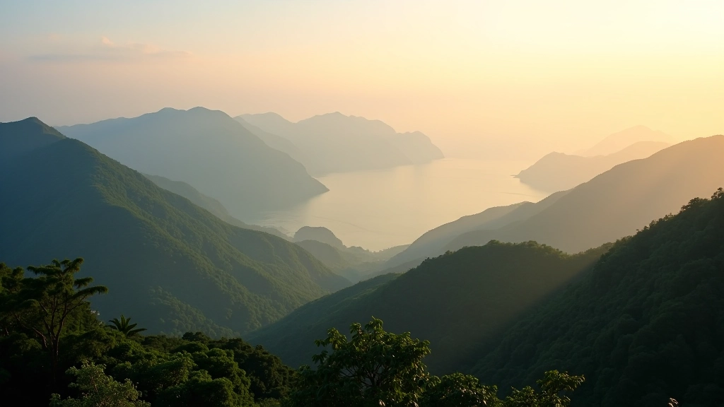 Serene Lantau Island mountain landscape with misty peaks, traditional temples, and lush vegetation, golden hour lighting