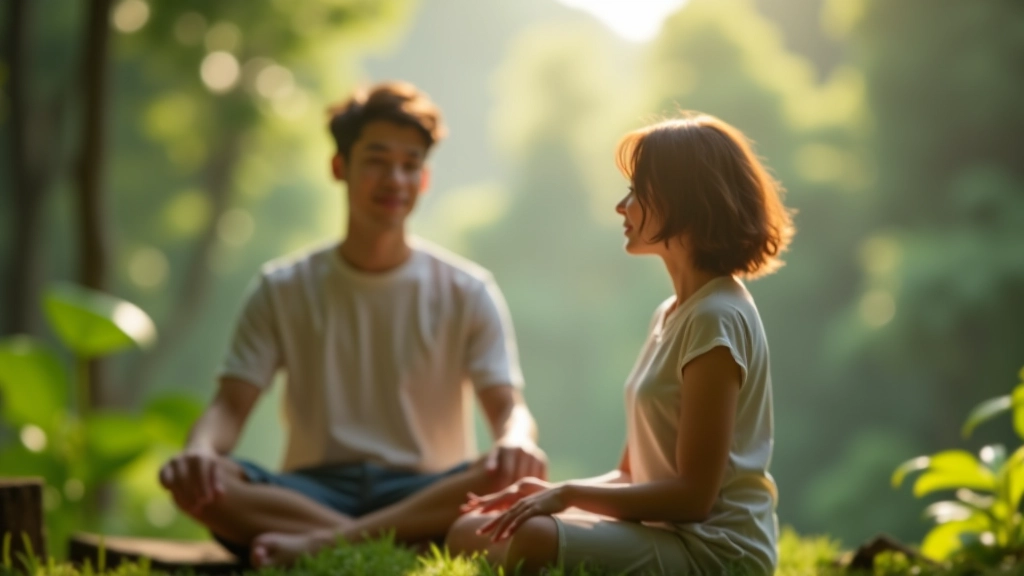 Group of people in a peaceful retreat setting during a self-discovery workshop session, nature background, serene lighting, professional photography