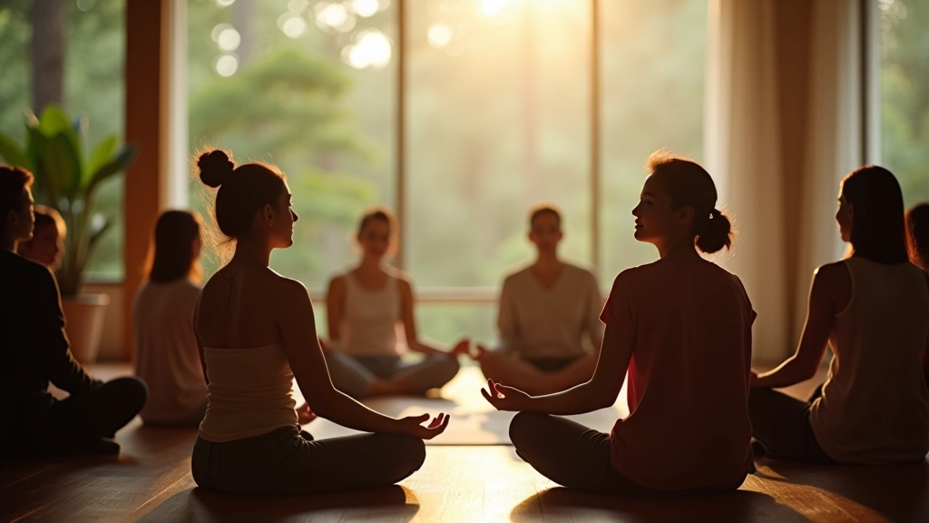 Self-discovery retreat session with group participants in circle, meditation and reflection space