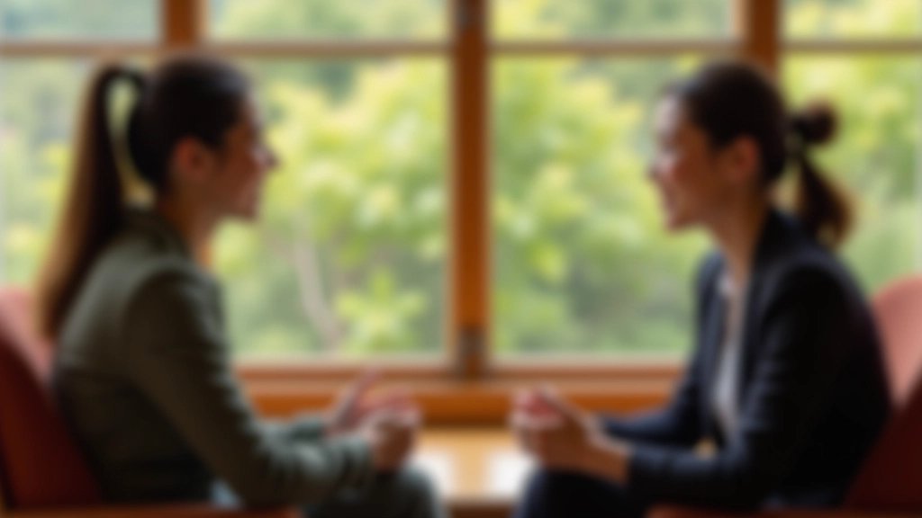 Coach and client in discussion session, sitting across from each other in comfortable retreat setting, conversation and connection