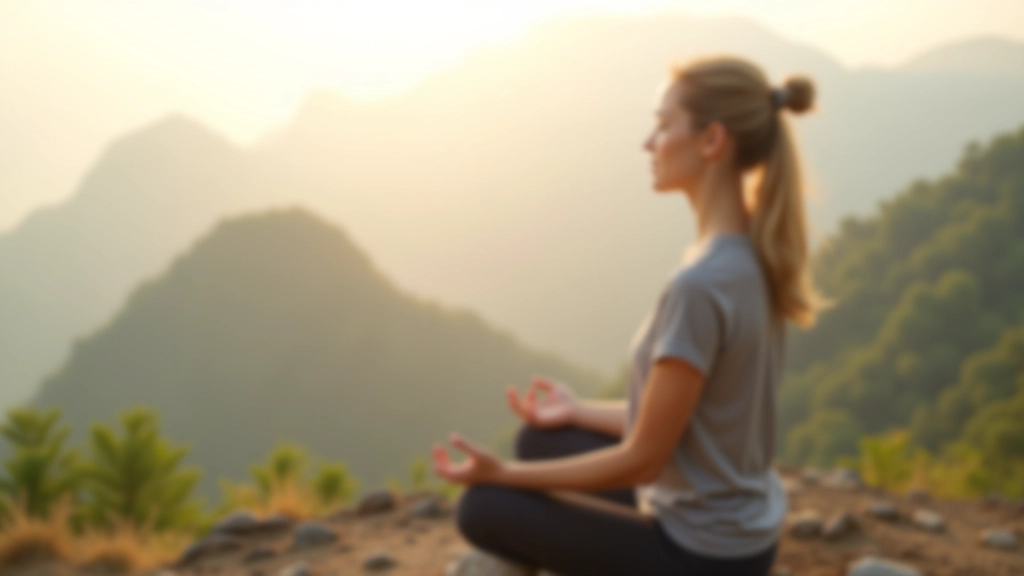 Person sitting peacefully in meditation pose overlooking natural landscape, self-reflection moment, morning light, calm environment