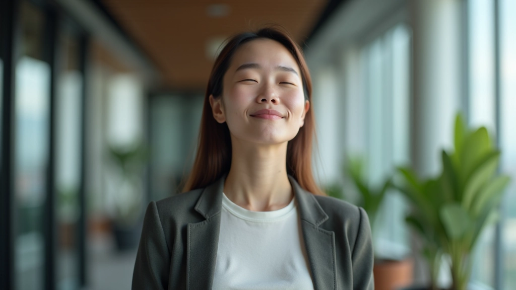 Woman in professional setting taking deep breath, centered pose, mindful moment, natural lighting, calm expression