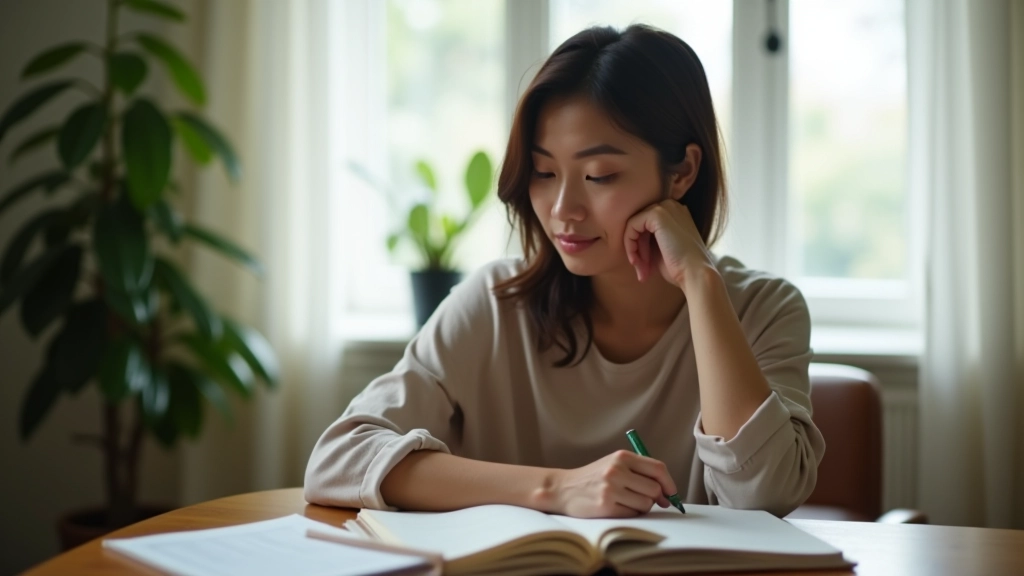 Person writing in journal with notebook and pen, peaceful home setting, thoughtful reflection, natural window lighting, preparation moment