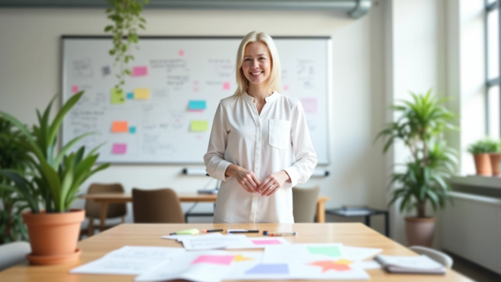 Creative thinking workshop with participants brainstorming around whiteboard with colorful markers and innovative ideas displayed